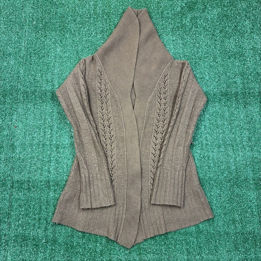 Express Cardigan Sweater Brown Open Front Shawl Collar Pointelle Knit